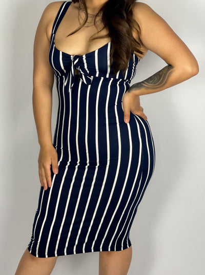 blue and white stripe midi dress with a sweetheart neckline